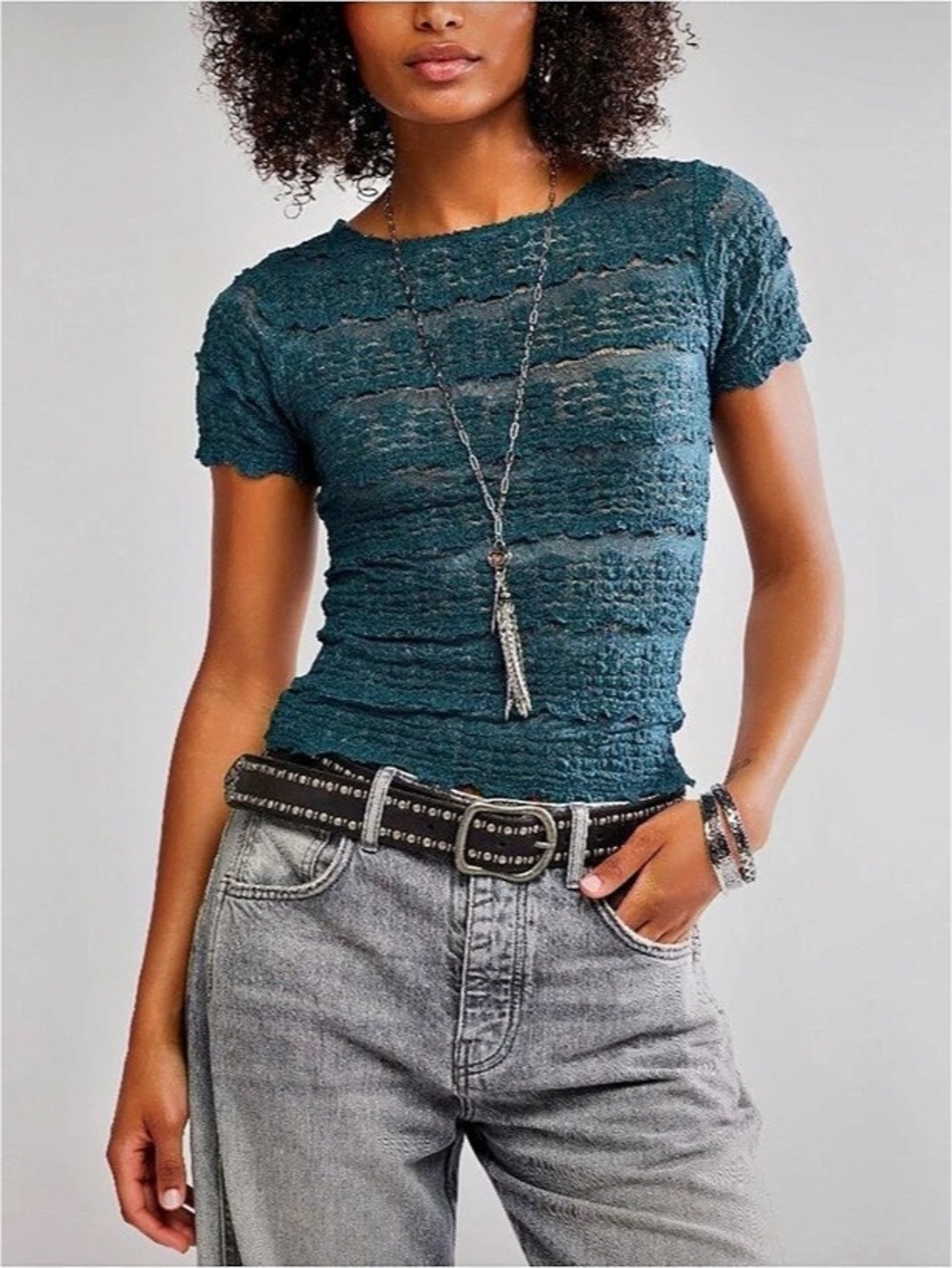 Free People Angelina Short Sleeve Top in Sea Moss Teal NWT 🌷Size S